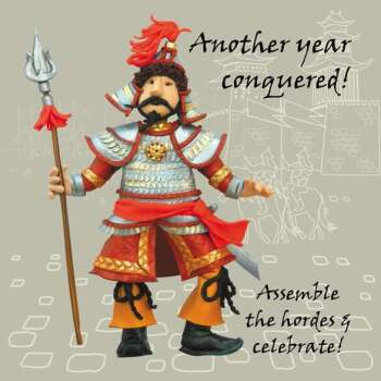 Holy Mackerel another year conquered Genghis Khan birthday card featuring the Mongol leader - designed by artist Erica Sturla - 15cm square and blank inside for your message - made in the UK