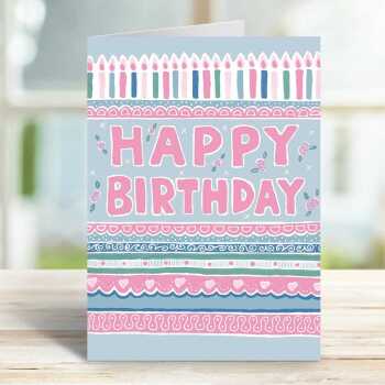 Happy birthday candles, a pretty and feminine birthday card with a gorgeous printed envelope - 12 x 17cm and blank inside - made in the UK