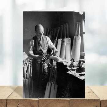 Cricket bat maker - retro black and white themed card featuring a man making a cricket bat - 12.6 x 17.7cm and blank inside - made in the UK