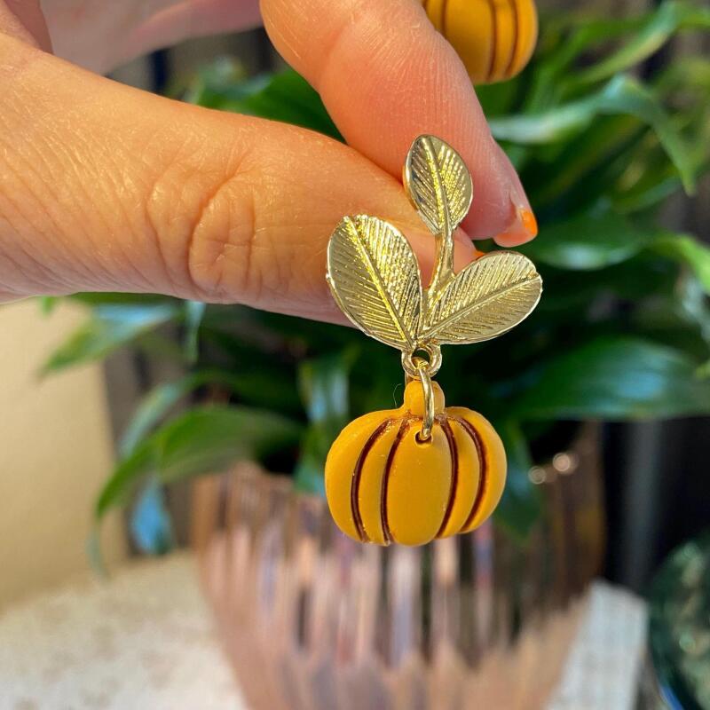 Polymer Clay Pumpkin Earrings: Gold Leaf Autumn Dangles