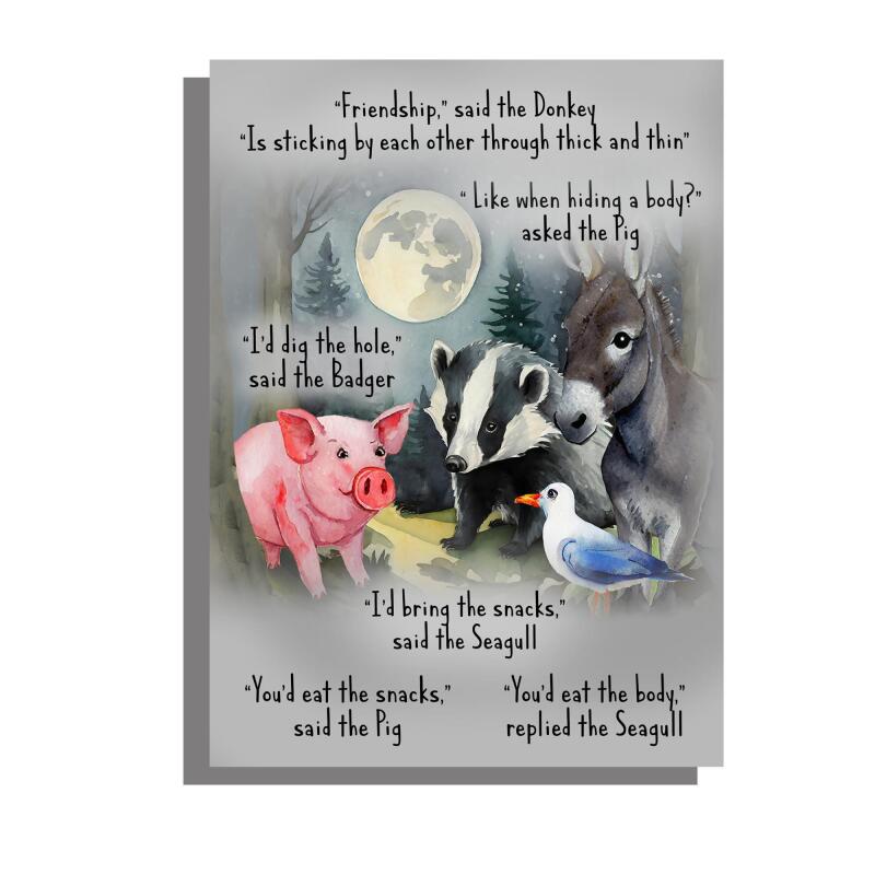 Funny Friendship Birthday Card pig donkey seagull badger A5 uncoated textured
