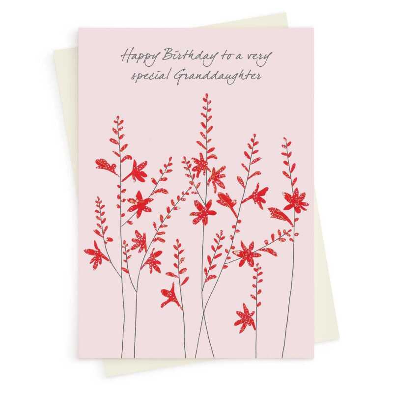 Crocosmia flowers granddaughter birthday card -  designed by Eloise Hall for Holy Mackerel - 15.7 x 11cm and blank inside, made in the UK