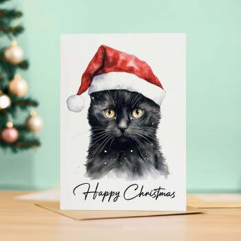 Cat Christmas Card Featuring A Black Cat Wearing a Santa Hat Fun Christmas Card For Him or Her Christmas Card For Anyone Christmas Gift