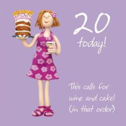 Holy Mackerel wine and cake female 20th birthday card for her - designed by artist Erica Sturla - 15cm square and blank inside for your message - made in the UK
