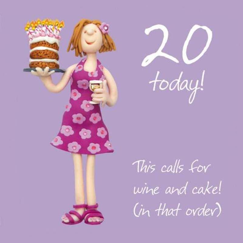 Holy Mackerel wine and cake female 20th birthday card for her - designed by artist Erica Sturla - 15cm square and blank inside for your message - made in the UK