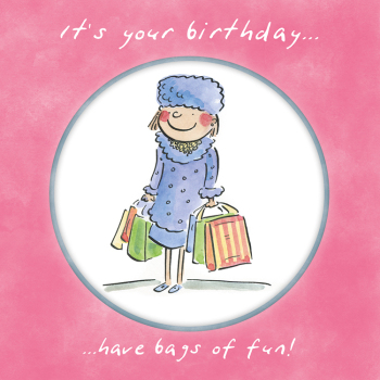 Holy Mackerel Bags of fun, a 15cm square birthday card featuring Rosie Brooks artwork, blank inside for your message