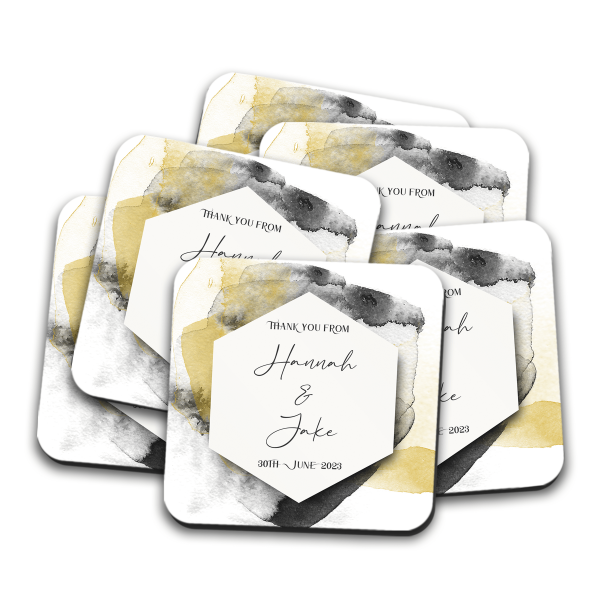 Wedding Favour Coaster For Guests - Black & Gold Splash