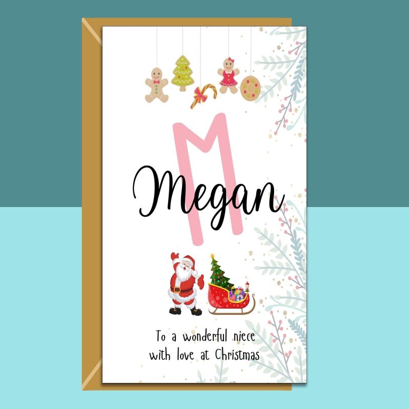 Niece Christmas Card Personalised - For Her - Niece Customised Card this Xmas - Name Card - Santa - Blank inside - Regular - Matte