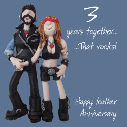 Holy Mackerel 3rd (leather) wedding anniversary card designed by Erica Sturla. Card is 15cm square and blank inside for your own message