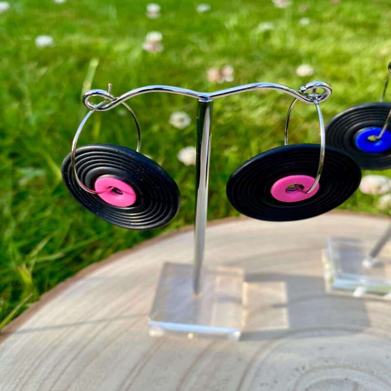 Rockabilly Record Earrings: 50s Style Vinyl Clay Earrings - silver - blue