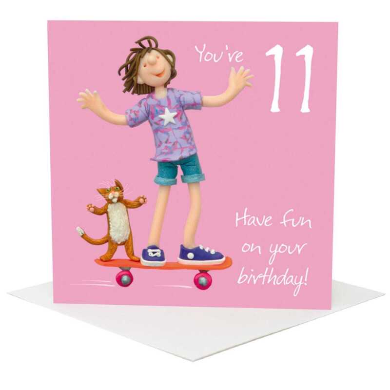 11th birthday card for her - designed by Erica Sturla - 15cm square and blank inside, made in the UK