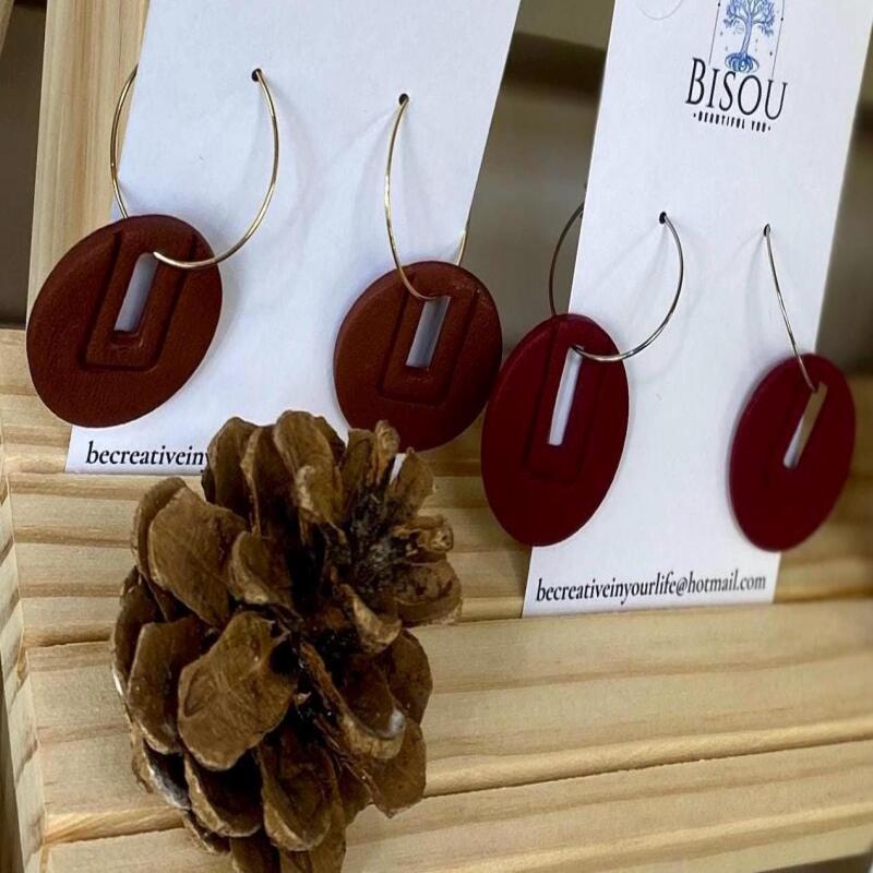 Handmade Burgundy Polymer Clay Earrings | Gold Hoop, Lightweight Jewelry - silver