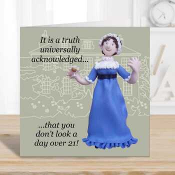 A truth universally acknowledged, Jane Austen themed birthday card - designed by Erica Sturla - 15cm square and blank inside, made in the UK