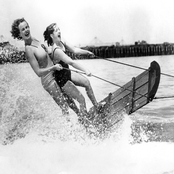 Holy Mackerel two girls waterskiing retro black and white photographic card featuring a vintage image of fun at sea - 12.6 x 17.7cm and blank inside