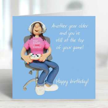 Funny Female Gamer Birthday Card - Polymer Clay Art by Erica Sturla - Gaming Birthday Card UK