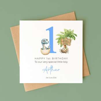 Personalised First Birthday Card Baby Dino in Egg Custom and Handmade for Boys