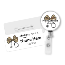 #hello my name is... Name Badge & Metal ID Reel - Leopard Print Coquette Bow Ribbon