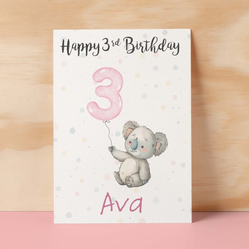 Personalised 1st, 2nd, 3rd, 4th, 5th Birthday Card for Daughter, Granddaughter, Niece, Goddaughter Girls Koala Card - 1 - One - Blank Message