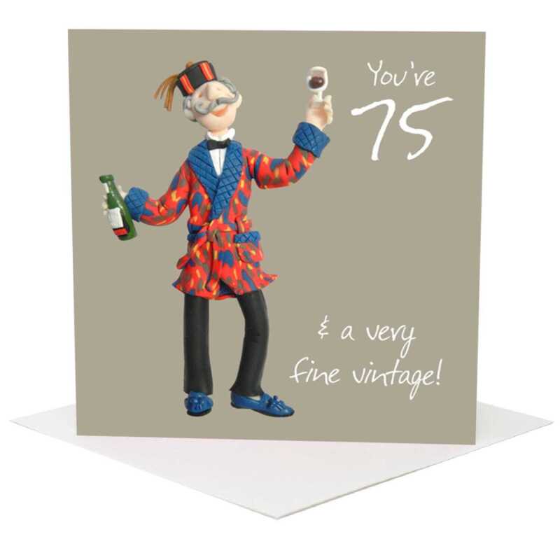 75th birthday card for him - designed by Erica Sturla - 15cm square and blank inside, made in the UK