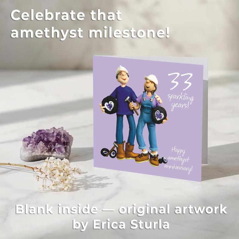 33rd Anniversary Card - Fun Amethyst Wedding Anniversary - Polymer Clay Art by Erica Sturla - Made in the UK