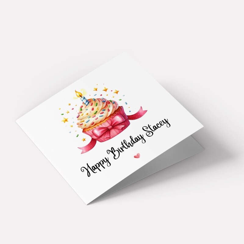 Personalised birthday card pink cupcake candle bow handmade greeting for her or him - Smooth No Message - Kraft Brown