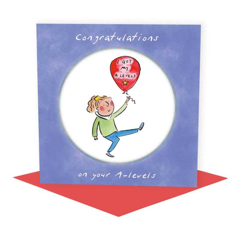 A level congratulations card for a girl - designed by Rosie Brooks - 15cm square and blank inside, made in the UK