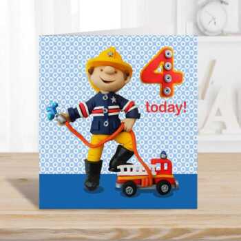 Birthday boy age 4 in a fireman costume - child's age birthday - designed by Erica Sturla - 15cm square and blank inside, made in the UK