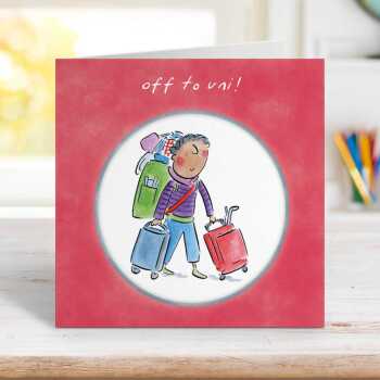 Male Off to Uni card for him - designed by Rosie Brooks - 15cm square and blank inside, made in the UK