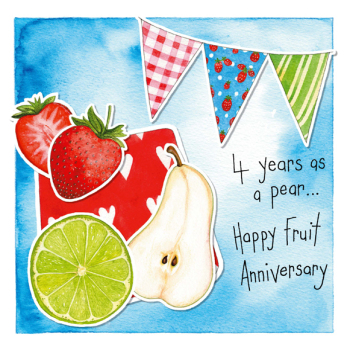 4 years together Fruit 4th Anniversary 150mm square greetings card by artist Kate Brazier