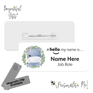 Name Badge - Cute Wild Animal Wreath Hello My Name is... - Hippo