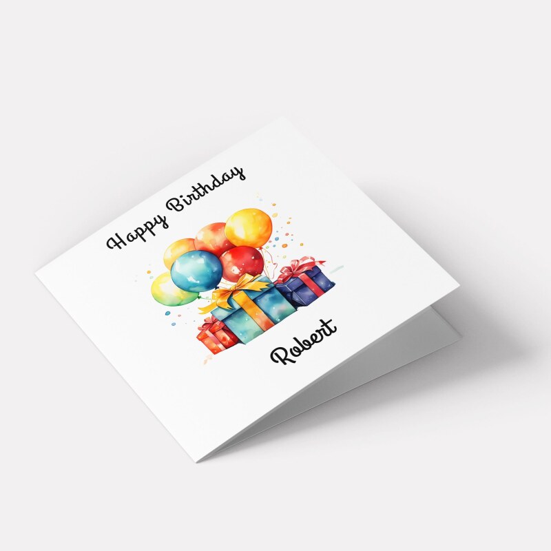 Personalised happy birthday card with balloons and gift boxes, custom name, vibrant colours - Smooth No Message - Kraft Brown