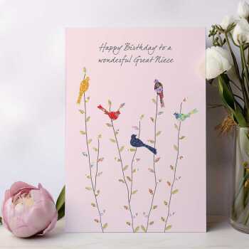 Birds great niece birthday card -  designed by Eloise Hall for Holy Mackerel - 15.7 x 11cm and blank inside, made in the UK
