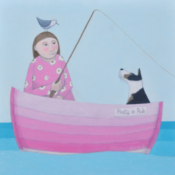 Holy Mackerel pretty in pick boat themed art card for him or her - designed by artist Ailsa Black - 15cm square and blank inside for your message