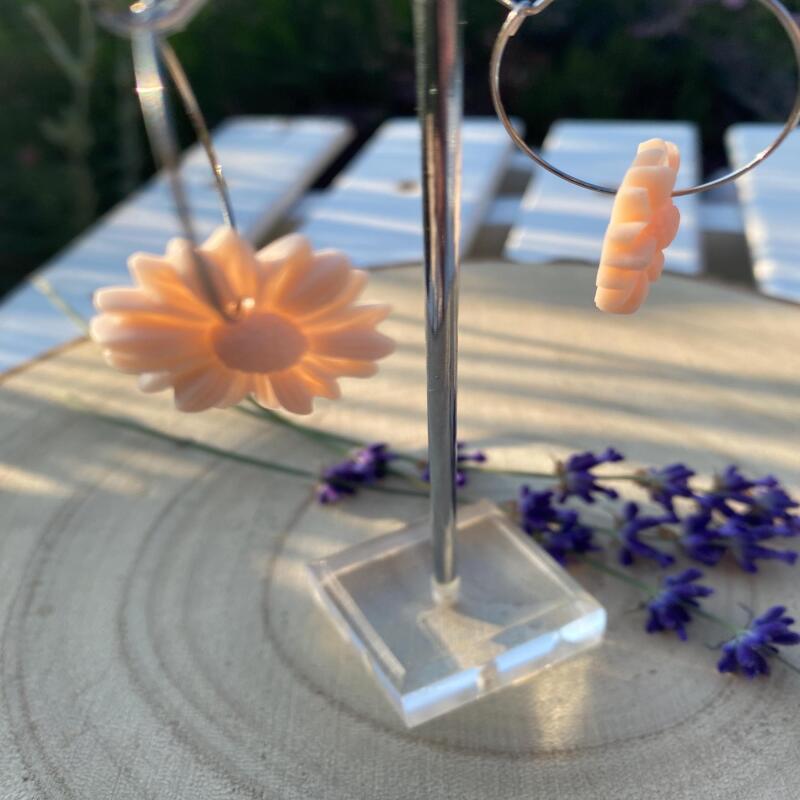 Pink Clay Flower Dangle Earrings: Boho Nature-Inspired Jewelry - silver - small