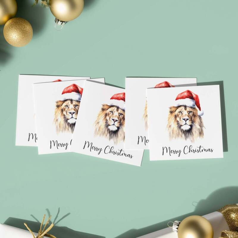 5 x Christmas Card of a Lion Wearing A Santa Hat Whimsical Watercolour Christmas Card For Animal Lover For Him or Her - Square (4.7x4.7) / Pack of 5