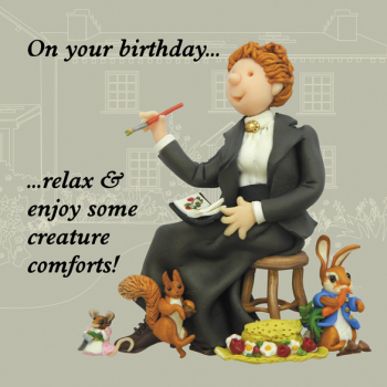 Holy Mackerel creature comforts Beatrix Potter birthday card featuring the author with animal friends - designed by artist Erica Sturla - 15cm square and blank inside for your message - made in the UK