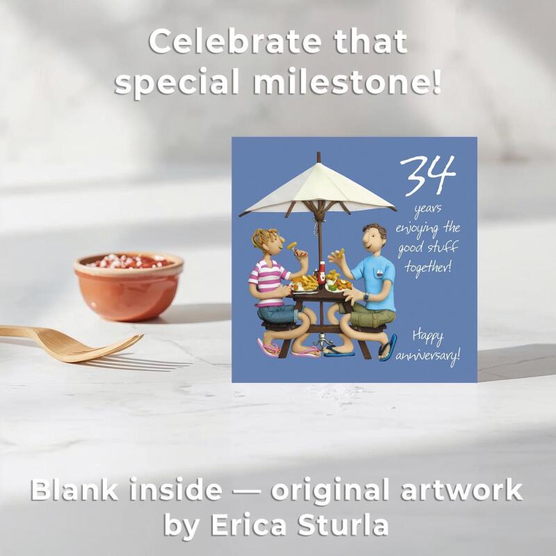 34th Anniversary Card - Enjoying the Good Stuff Together - Fun Polymer Clay Art by Erica Sturla - Made in the UK