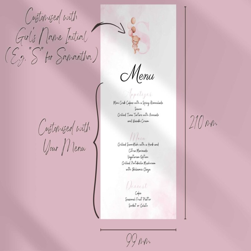 Printed Menu Event for Girl Personalised with Initial and Courses | Teddy Bear | Party, Birthday, Baby Shower, Baptism, Communion - Squared - Sample (not custom)