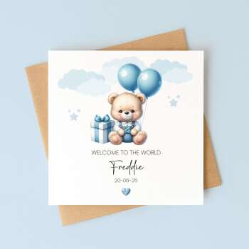 Personalised New born Baby Boy Card Teddy Bear Birth Announcement Blue Balloons Keepsake