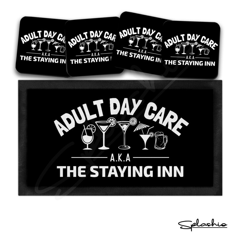 Personalised Bar Runner Mat, Custom Beer Mats & 4 x Drinks Coasters Gift Set Garden Bar Sets Adult Day Care / Personalised Mats Home Bar - Set of 4 Coasters