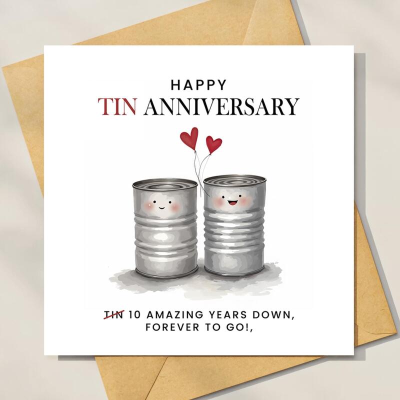 10 Year Anniversary Card For Husband, Wife 10th Anniversary Card, Happy Tin anniversary 10 year Card Funny Greeting Card wife husband - Add a Message