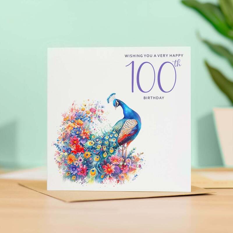 100th Birthday Card With Peacock Illustration Pretty One Hundred Card For Mum, Gran or Friend One Hundredth Birthday Card - Square (5.5x5.5) / Blank Inside