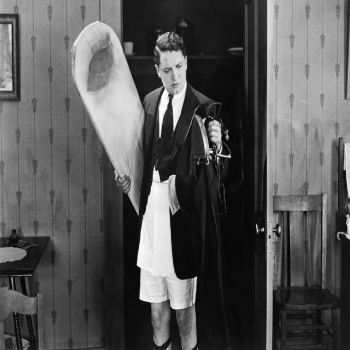 Holy Mackerel iron man retro black and white photographic card featuring a vintage image of a confused gentleman with ironing board - 12.6 x 17.7cm and blank inside