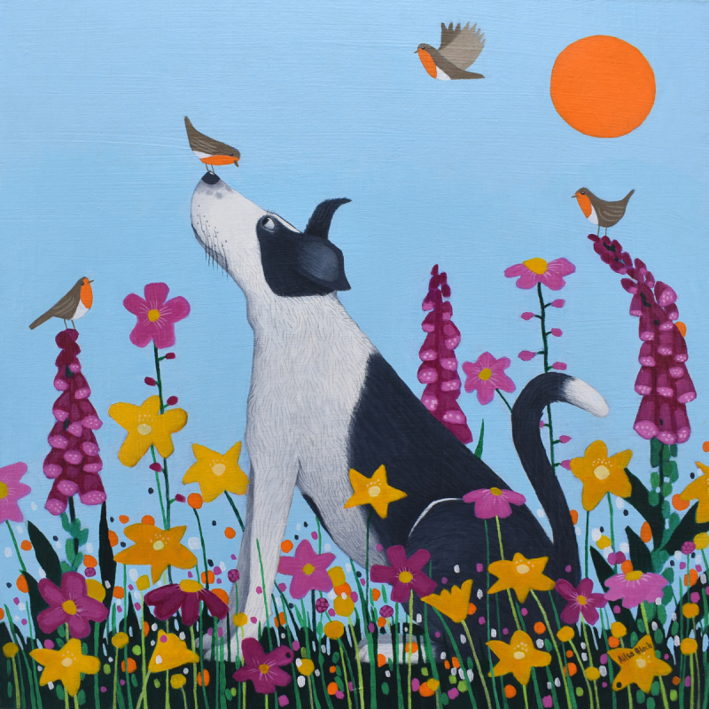 Holy Mackerel bestie to the birdies border collie themed art card for him or her - designed by artist Ailsa Black - 15cm square and blank inside for your message