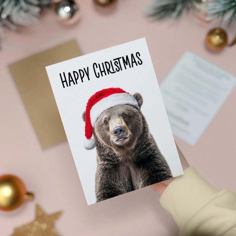 Fun Christmas Card of a Bear Wearing A Santa Hat Whimsical Christmas Card For Animal Lover For Him or Her - Portrait (5x7) / Blank Inside