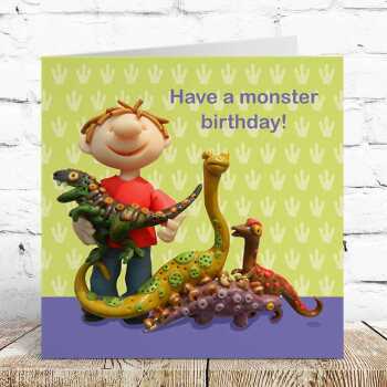 Birthday boy - dinosaurs - child's birthday card designed by Erica Sturla - 15cm square and blank inside, made in the UK