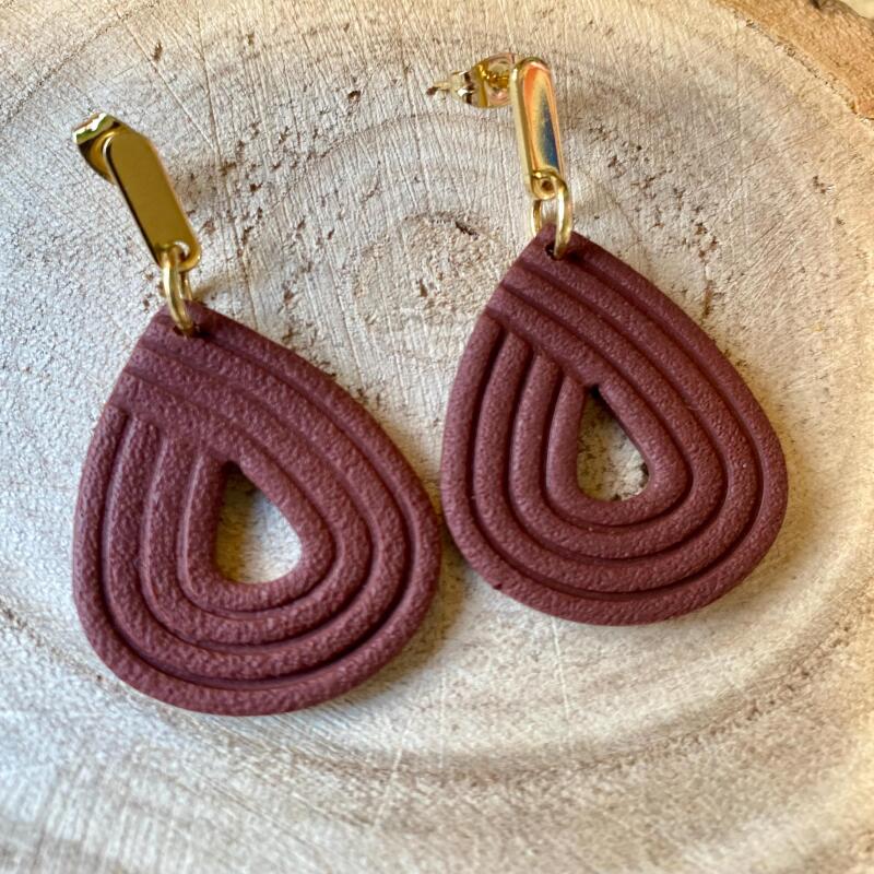 Wine Red Teardrop Polymer Clay Earrings: Modern Fall Statement Jewelry