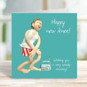 Funny male happy new knee card to send get well wishes - designed by Erica Sturla - 15cm square and blank inside, made in the UK