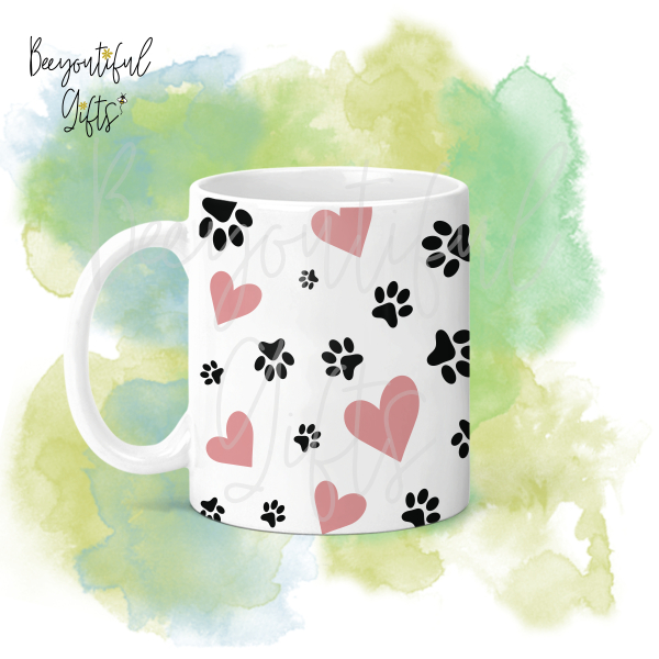 Pet Themed Ceramic Mug - Heart & Dog Paw Print Full Wrap