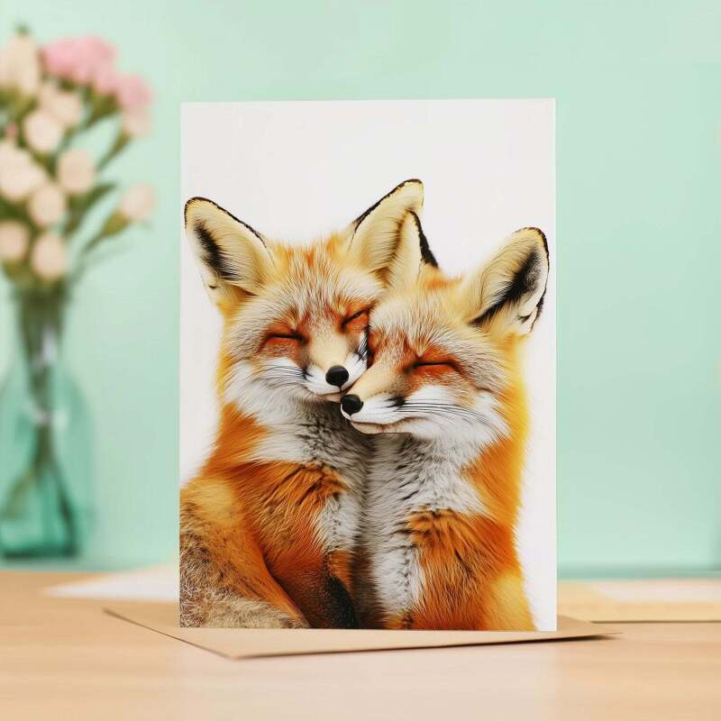 Anniversary Card – Cute Foxes Nuzzling, Romantic Card for Husband, Wife, Boyfriend or Girlfriend - Portrait (5x7) / Blank Inside